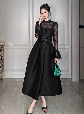 秋季法式浪漫蕾丝连衣裙喇叭袖收腰大摆晚宴礼服裙高雅女21610