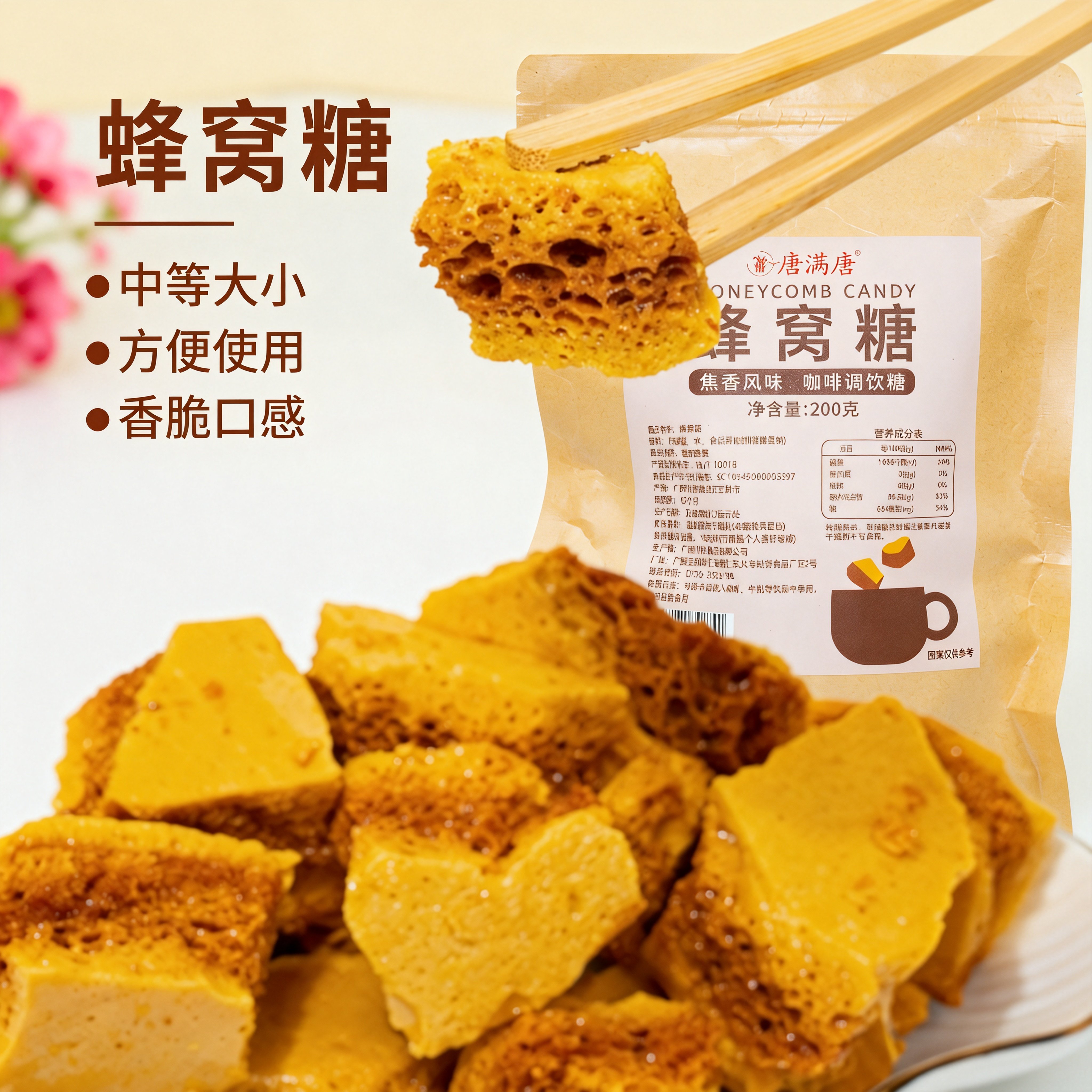 唐满唐蜂窝糖焦糖拿铁调味咖啡奶茶奶盖手工制作烘焙蜂窝糖蜂巢糖