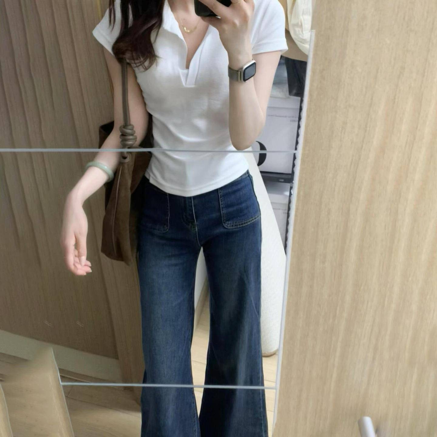 白色polo衫t恤女夏小个子显瘦翻领纯棉修身上衣夏日正肩收腰短袖
