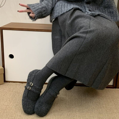 内增高玛丽珍毛毛鞋女2025冬外穿新款法式灰色呢子加绒保暖单鞋女