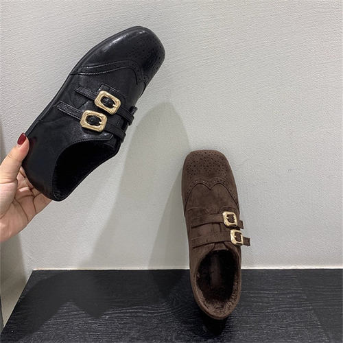 复古方头加绒单鞋乐福鞋