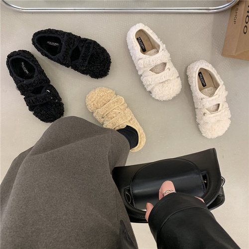 仙女懒人魔术贴加绒豆豆鞋