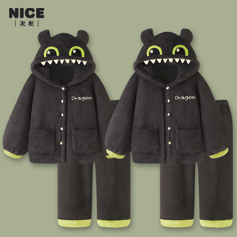 小怪兽珊瑚绒情侣睡衣两件套保暖