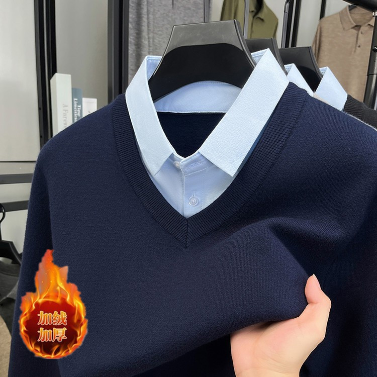 冬季假两件毛衣中年男士加绒加厚衬衣领保暖爸爸装套头针织打底衫