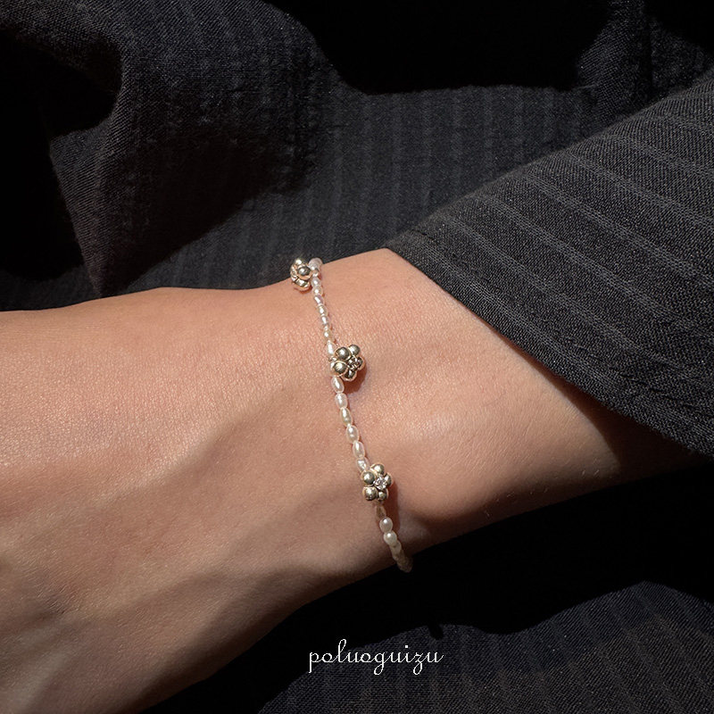 《精美小花》原创手工天然强光珍珠s925手工银花朵手链女治愈温暖
