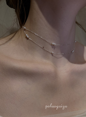原创清冷感极强冷白光天然珍珠小灯泡s925银双层项链锁骨链choker
