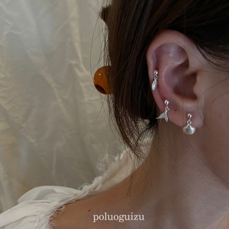 poluoguizu原创s925银小贝壳美人鱼尾耳钉耳环耳骨钉日常叠戴