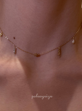 细碎时光原创手工吊坠组合美国14k注金天然淡水珍珠项链锁骨链