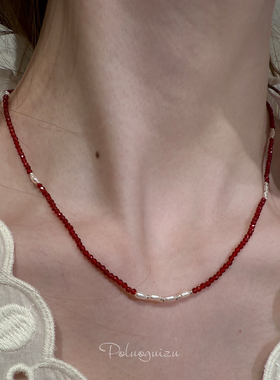 确幸红天然红尖晶石强光珍珠s925碎银项链锁骨链超显白新年本命年