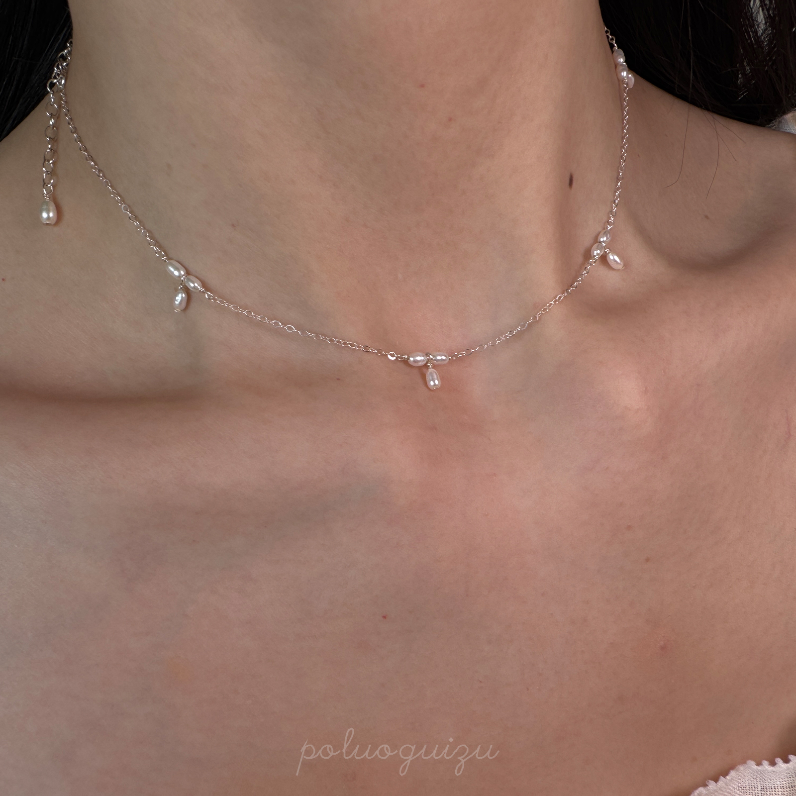 白色茉莉银版小众原创手工s925银天然强光米粒珍珠项链锁骨链
