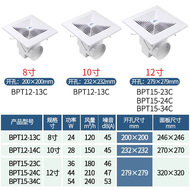 正野排气扇8寸天花管道10厨房家用强力抽风机卫生间吸顶12换气扇