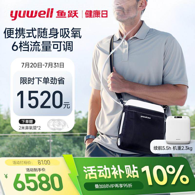 医用标准 鱼跃可携式制氧机6档流量外出小型老人长续航高原车载S6