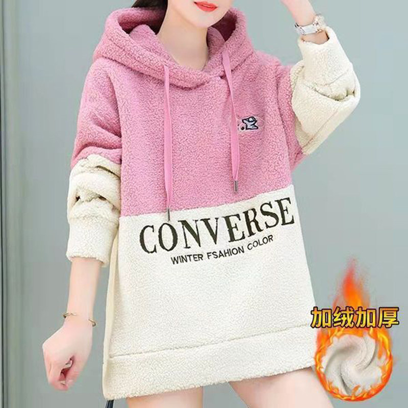 출산 착용 새 겨울 드레스 스웨트 셔츠 여성 중간 길이 플러스 벨벳 두꺼운 겉옷 긴팔 후드 램스울 유행