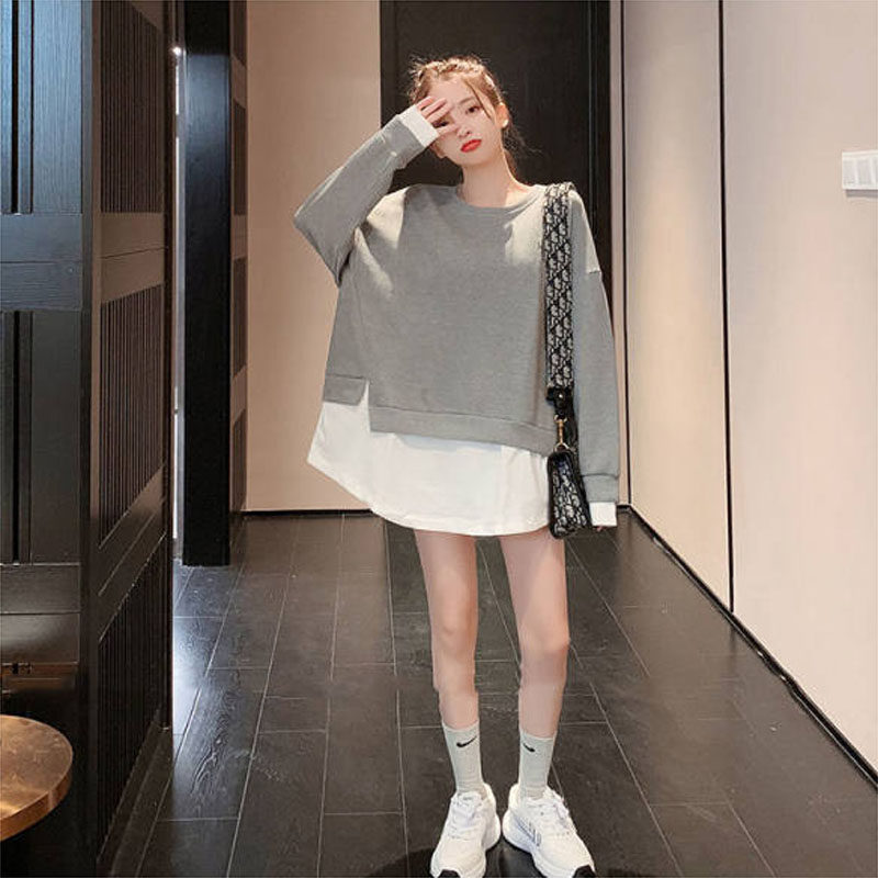 출산복 새로운 가을 겨울 유행 대형 사이즈 헐렁한 배를 덮는 여성용 긴팔 탑 패셔너블한 중간 길이 가짜 투피스 스웨트 셔츠