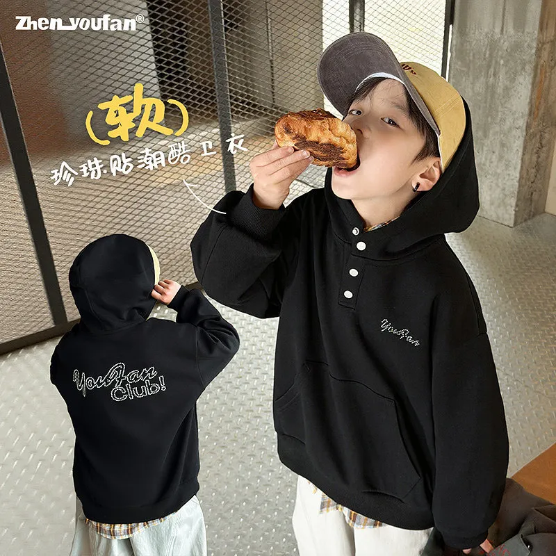 男童连帽卫衣2026春季新款儿童半开领纯色上衣大童春秋童装