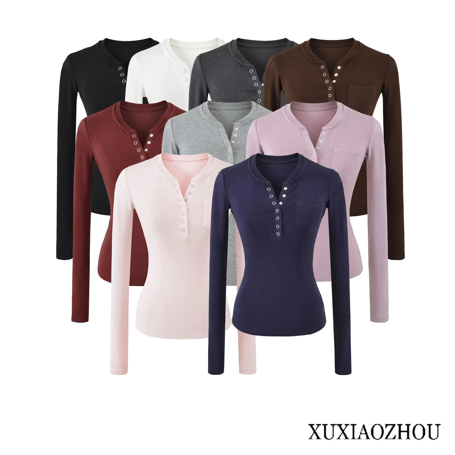 美式复古亨利领单排扣仿羊绒长袖t恤女秋季内搭弹力紧身显瘦上衣