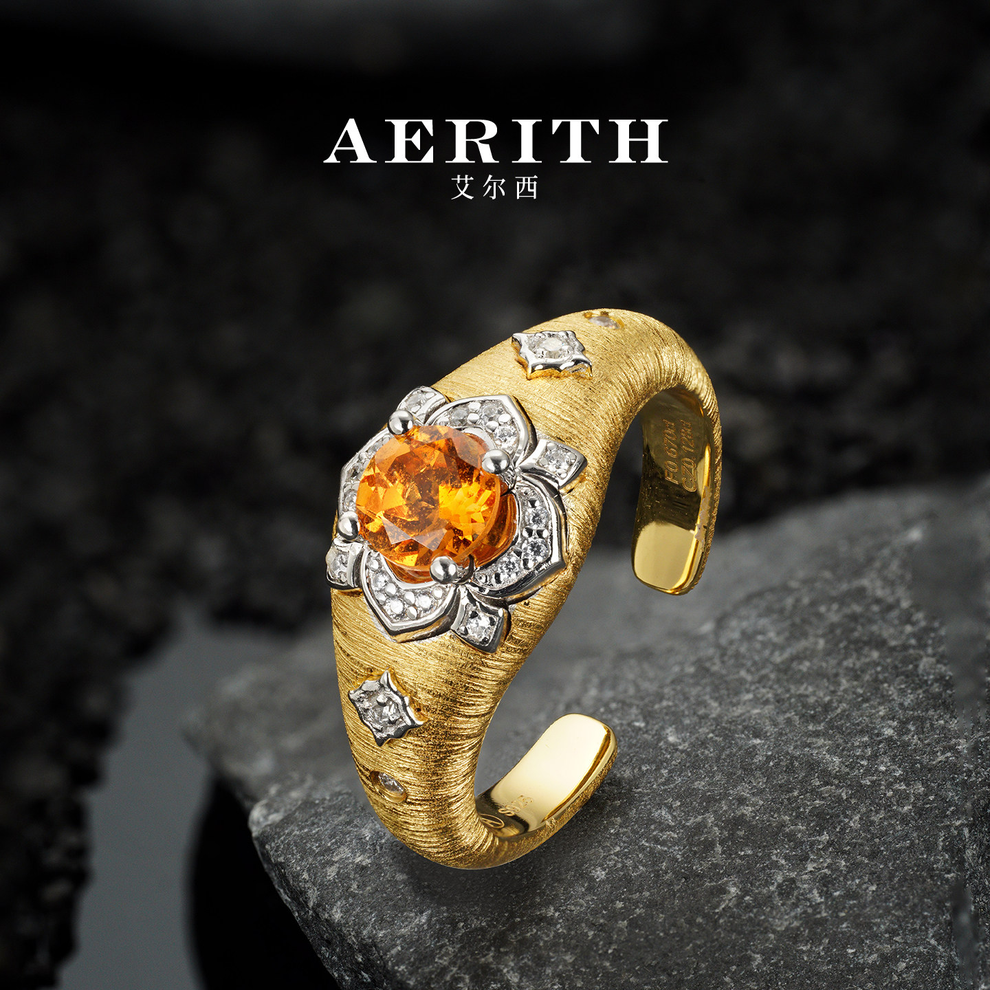 AERITH高级珠宝 S925银镀金芬达石戒指女手饰