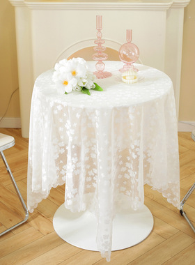法式白色蕾丝桌布高级感北欧台布圆桌盖布长方形绣花纱盖巾茶几