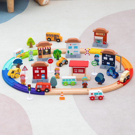 勒酷木质积木小火车轨道套装磁性火车头 3-5-7岁男孩木制儿童玩具