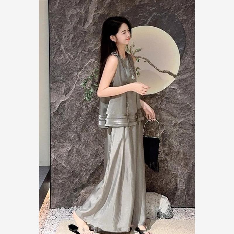 夏装搭配一整套新中式女装国风灰色无袖醋酸连衣裙子套装2025新款