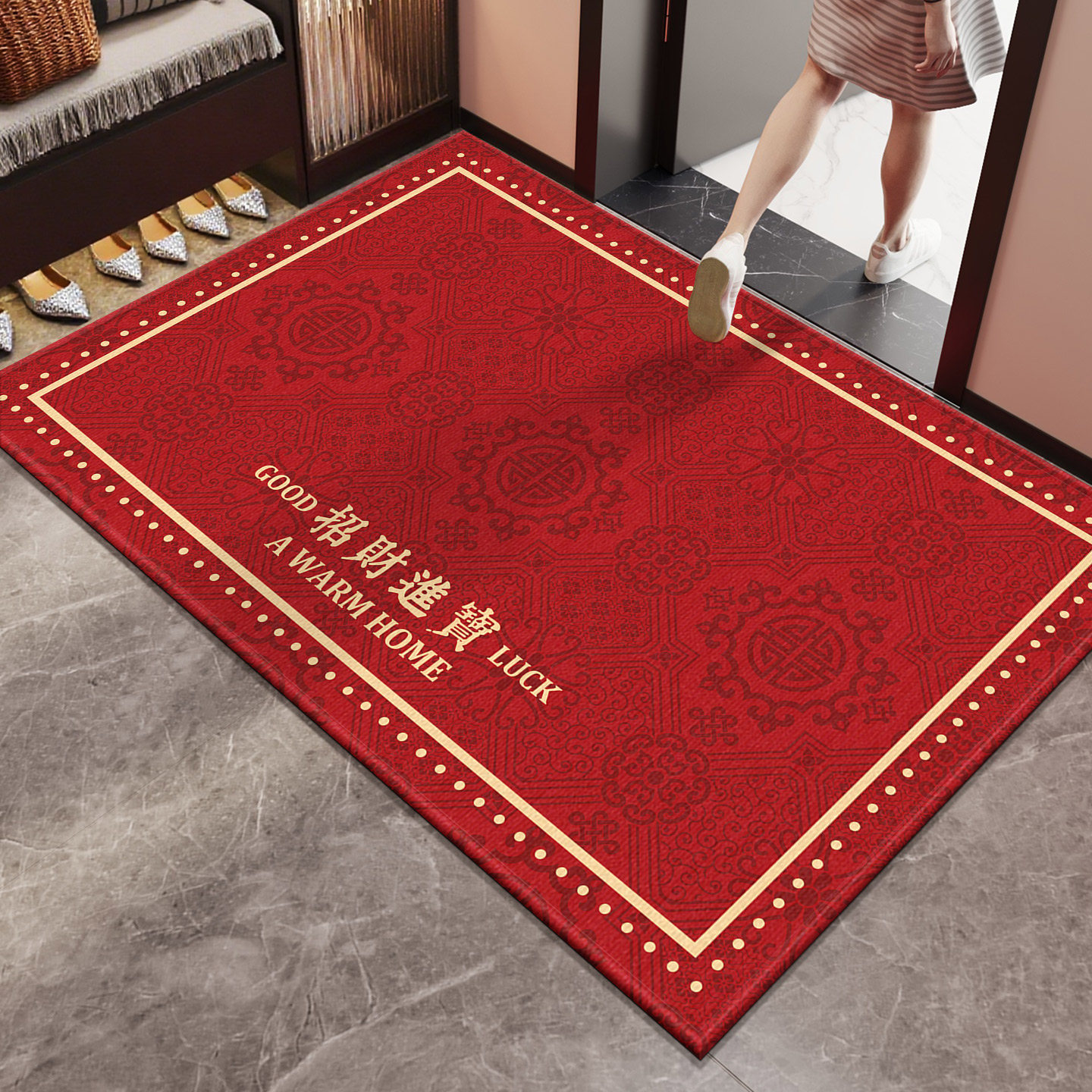 红色喜庆入户门地垫家用玄关脚垫