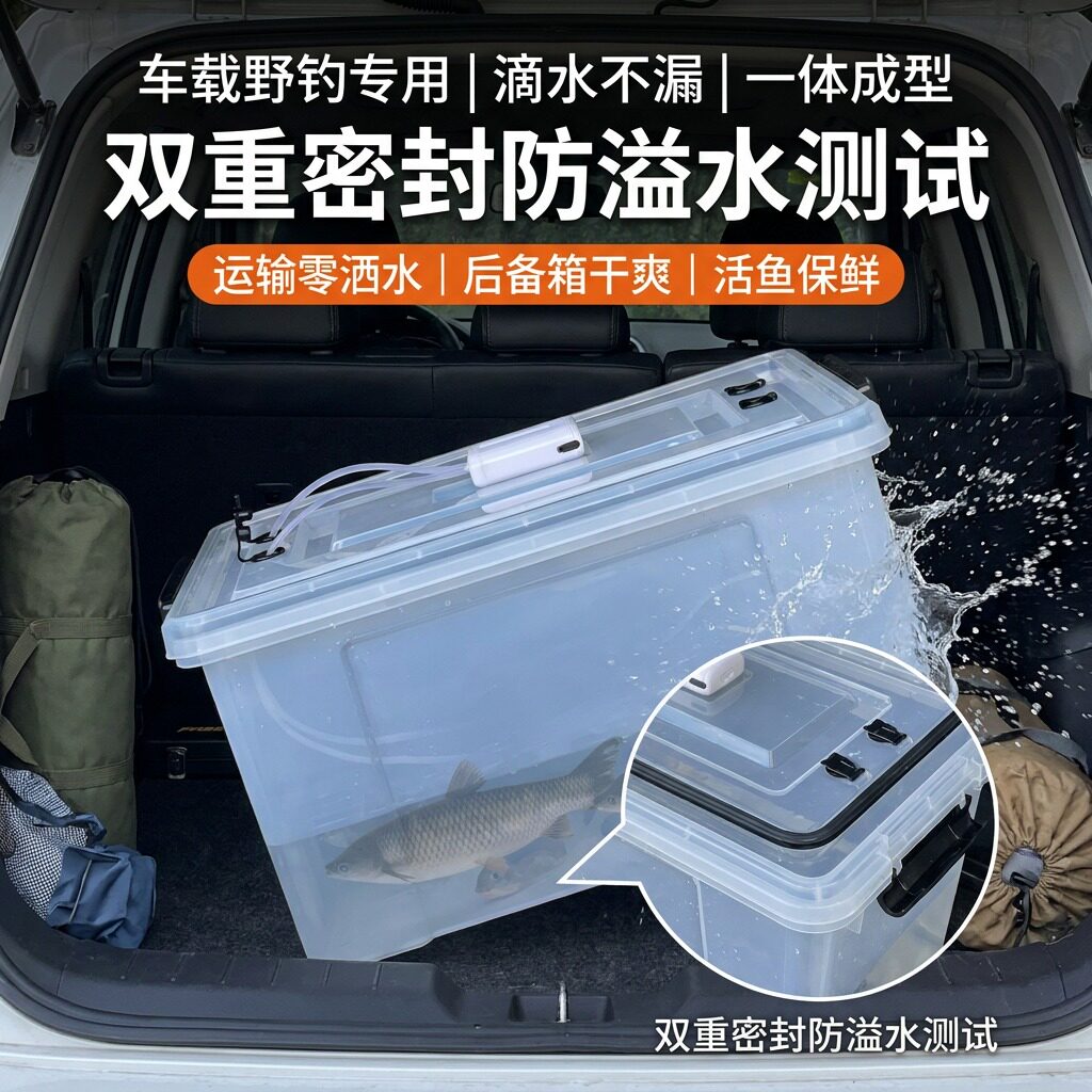新款车载密封活鱼箱防溢水后备箱专用装鱼桶钓鱼运输箱透明活鱼箱
