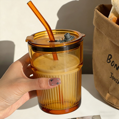 高硼硅玻璃吸管水杯女咖啡杯办公室复古奶茶杯子高颜值随行果汁杯