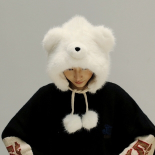 大头围适合圆脸冬天防寒可爱小熊毛绒帽子套头护耳毛毛雷锋帽女生