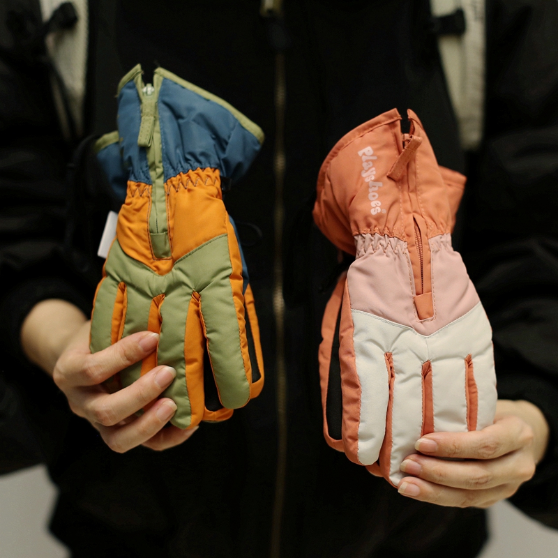 儿童防水滑雪手套男女孩户外玩雪骑车防寒便捷拉链穿脱护手腕防丢