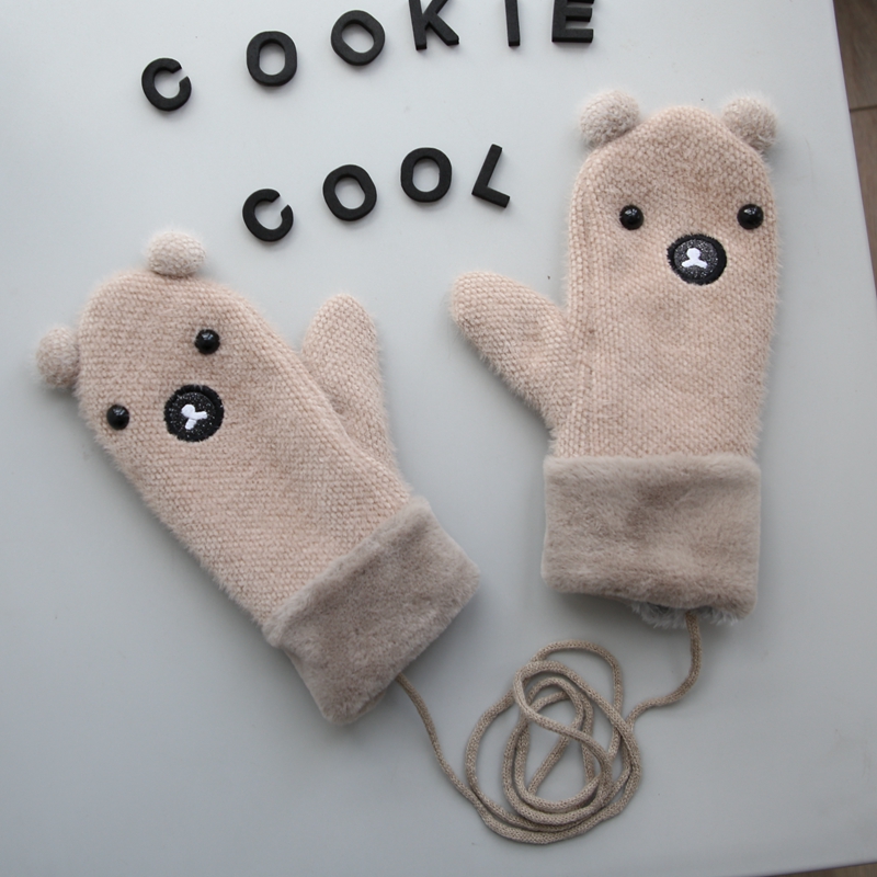 针织温暖韩版卡通挂脖连指手套