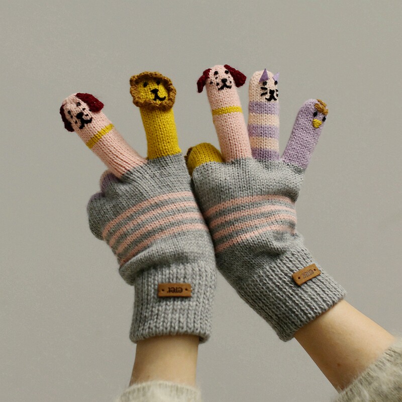 原创手工卡通五指可爱针织手套轻薄毛线送女生小众高颜值oversize