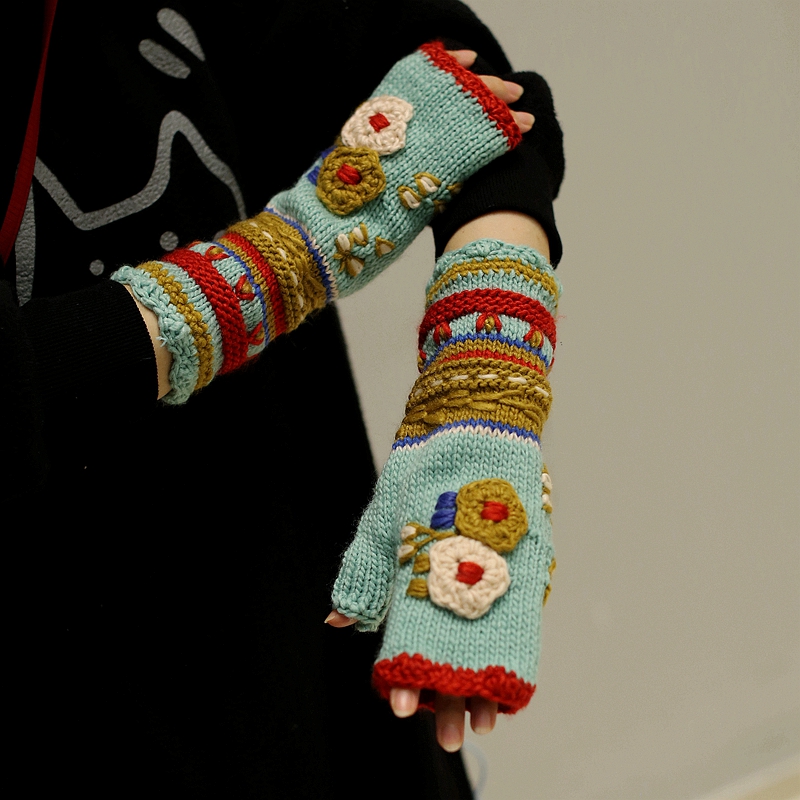 vintage中古手工针织手套刺绣