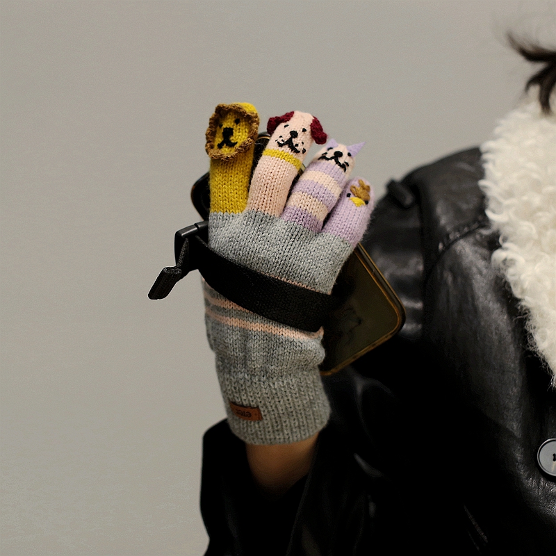 原创手工卡通五指可爱针织手套轻薄毛线送女生小众高颜值oversize