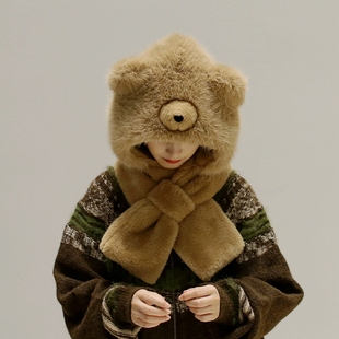 毛茸茸交叉围脖帽子一体可爱小熊保暖护耳套头毛绒帽护颈大头围女