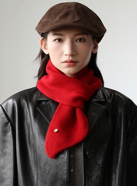 懒人穿孔秋冬天保暖针织围脖护颈羊毛小围巾有型斜角小巧短款红色