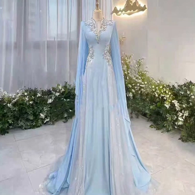 蓝色民歌独唱音乐会高领优雅清新演出服高级感显瘦艺考声乐女