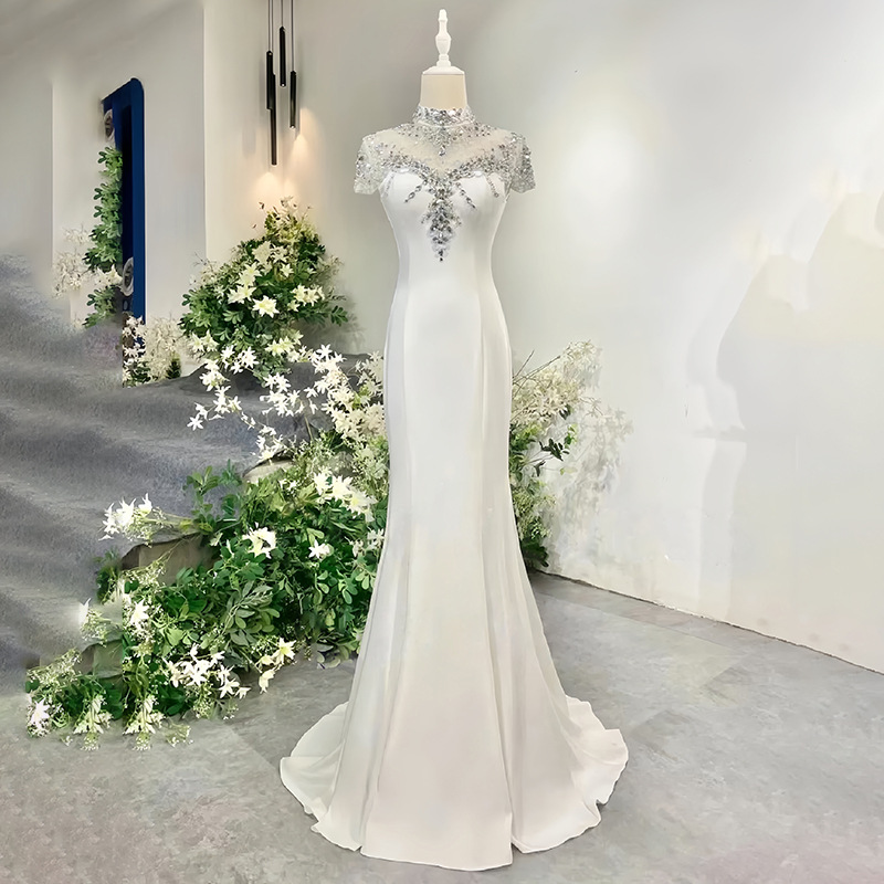 白色礼服裙显瘦鱼尾包臀钉珠小礼服气质优雅主持艺考演出晚礼服