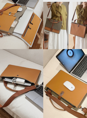 牛皮纸笔记本手提电脑包斜挎包苹果笔记本macbook13.3寸air单肩包pro14保护套15.6寸华为13大容量