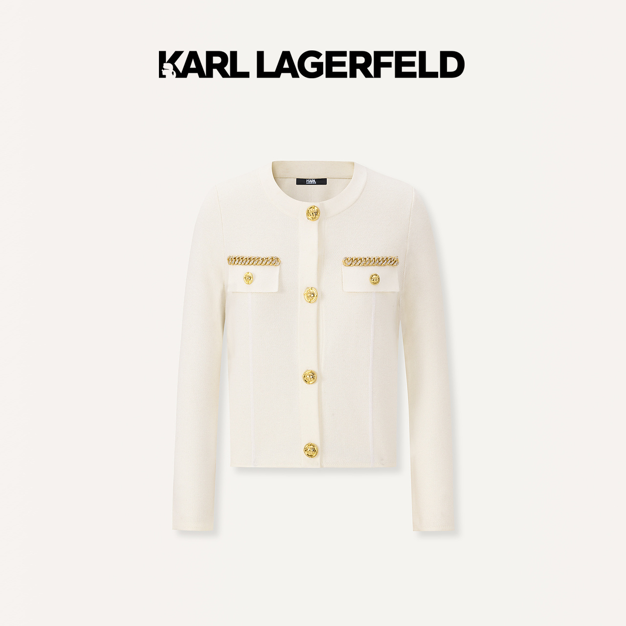 KARL LAGERFELD卡尔拉格斐早春气质小香风外套白色针织开衫老佛爷