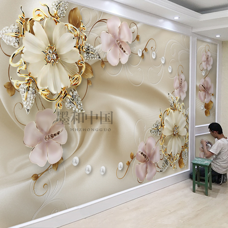 欧式花卉大气电视背景墙壁纸5d珠宝装饰墙纸客厅影视墙墙布8d壁画图片