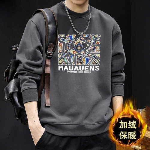 ins美式复古加绒圆领卫衣男秋冬潮牌街头风字母印花宽松情侣外套