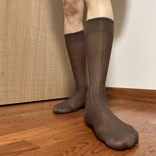 咖啡色丝袜宽条纹锦纶商务丝袜男士超薄性感透气正装通勤上班长袜