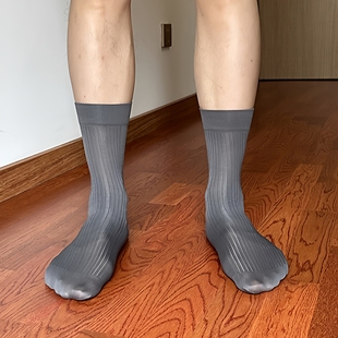 3双男士正装丝袜灰色锦纶亮光丝滑男士商务休闲微透条纹中筒丝袜
