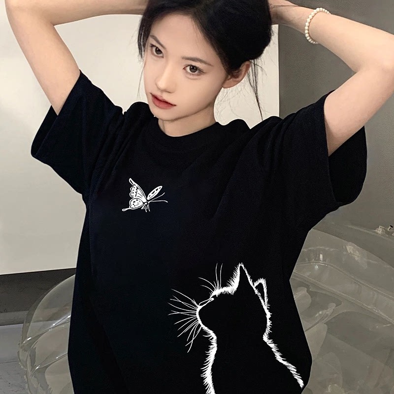 纯棉黑色短袖女t恤2025新款爆款夏季独特设计感小众上衣宽松体恤