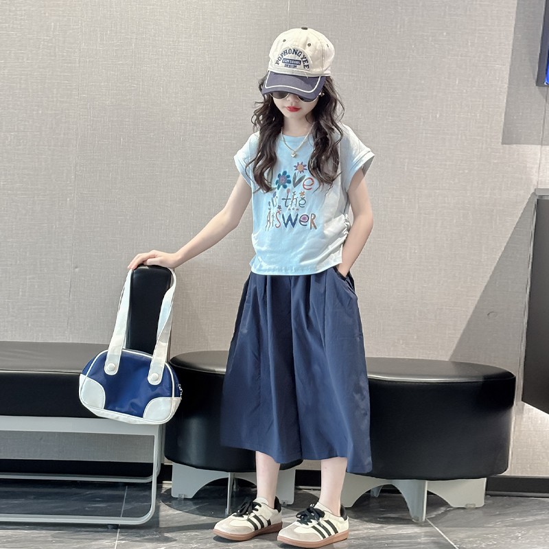 女童休闲套装2025新款洋气儿童短袖T恤夏装大童七分阔腿裤两件套t
