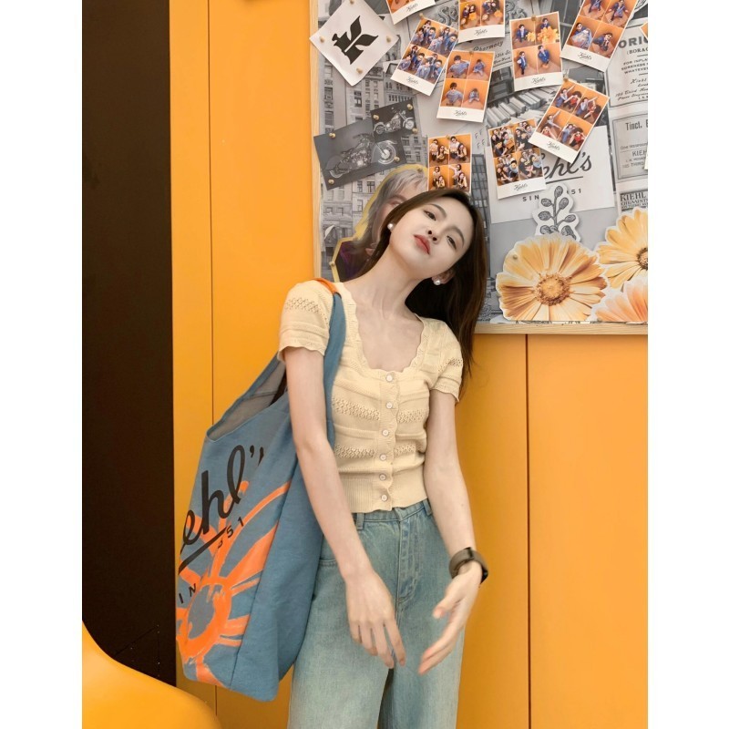 法式杏色花边正肩针织短袖t恤女夏季小个子修身短款开衫冰丝上衣