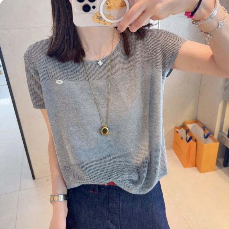 冰丝薄款镂空针织衫针织短袖女2025新款夏季宽松独特漂亮灰色上衣