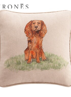 GIRONES进口素描卡通长毛可卡犬宠物狗方形客厅沙发抱枕套靠垫
