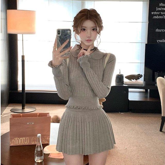 甜美针织套装女娃娃领蝴