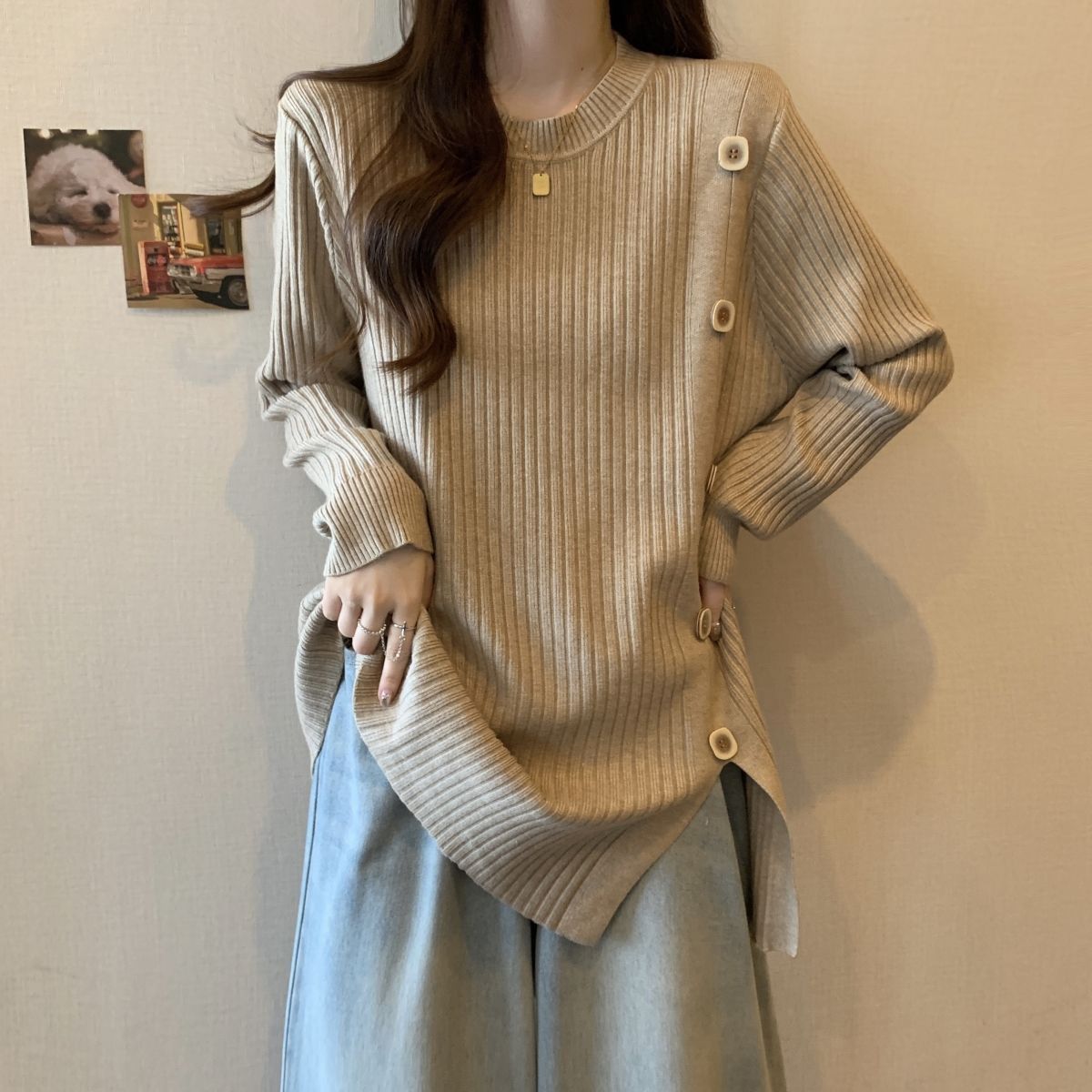 大码中长款针织打底衫女秋冬慵懒风毛衣内搭胖mm宽松遮肉长袖上衣